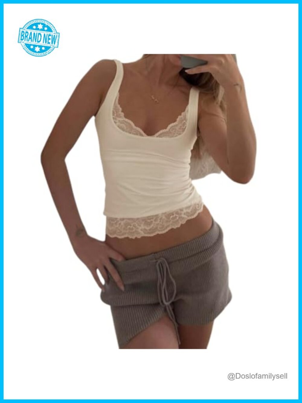 Women's Lace Trim Cropped Tank Top Sleeveless Square Neck Camisole Slim Fit